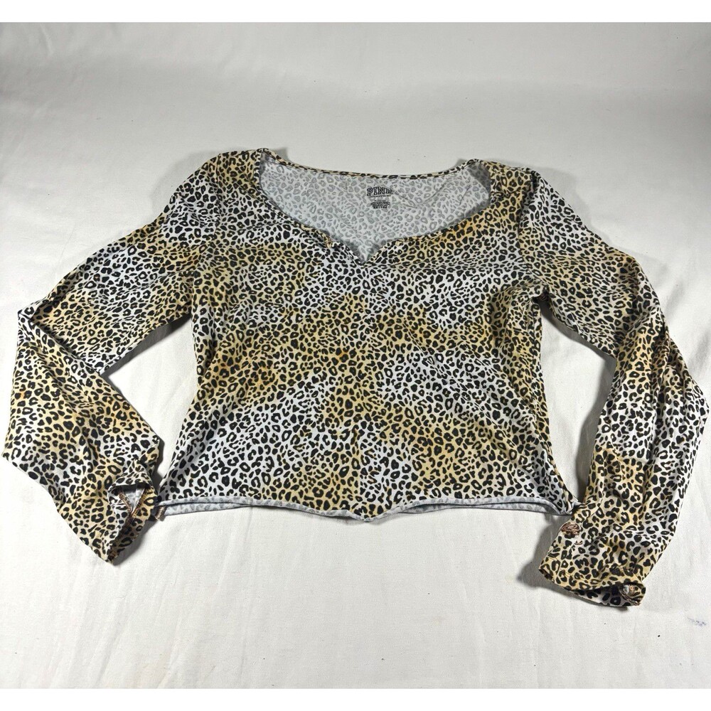 PINK Victoria's Secret Leopard Animal Print V-Neck Long Sleeve Top Women's M